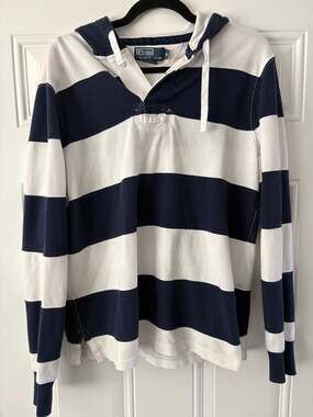Vintage Polo Ralph Lauren Navy and White Striped Long Sleeve Hooded Rugby Shirt